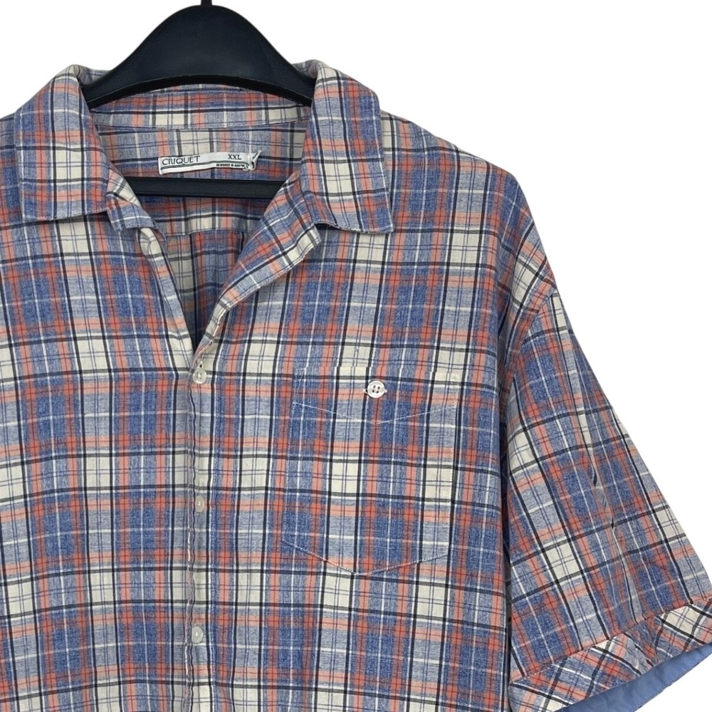 Criquet Mens XXL 100% Cotton Short Sleeve Button Down Shirt Blue Orange Plaid